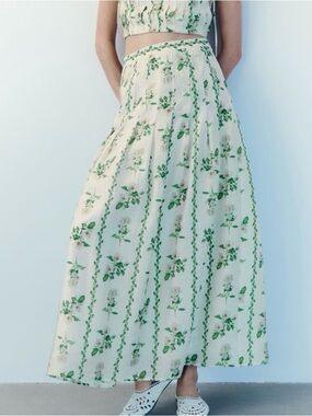 NWT H&M Flared Linen-Blend Skirt (Ivory/Green Floral) Sz 2 (1328282001)